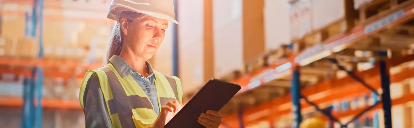 Lady in warehouse on tablet