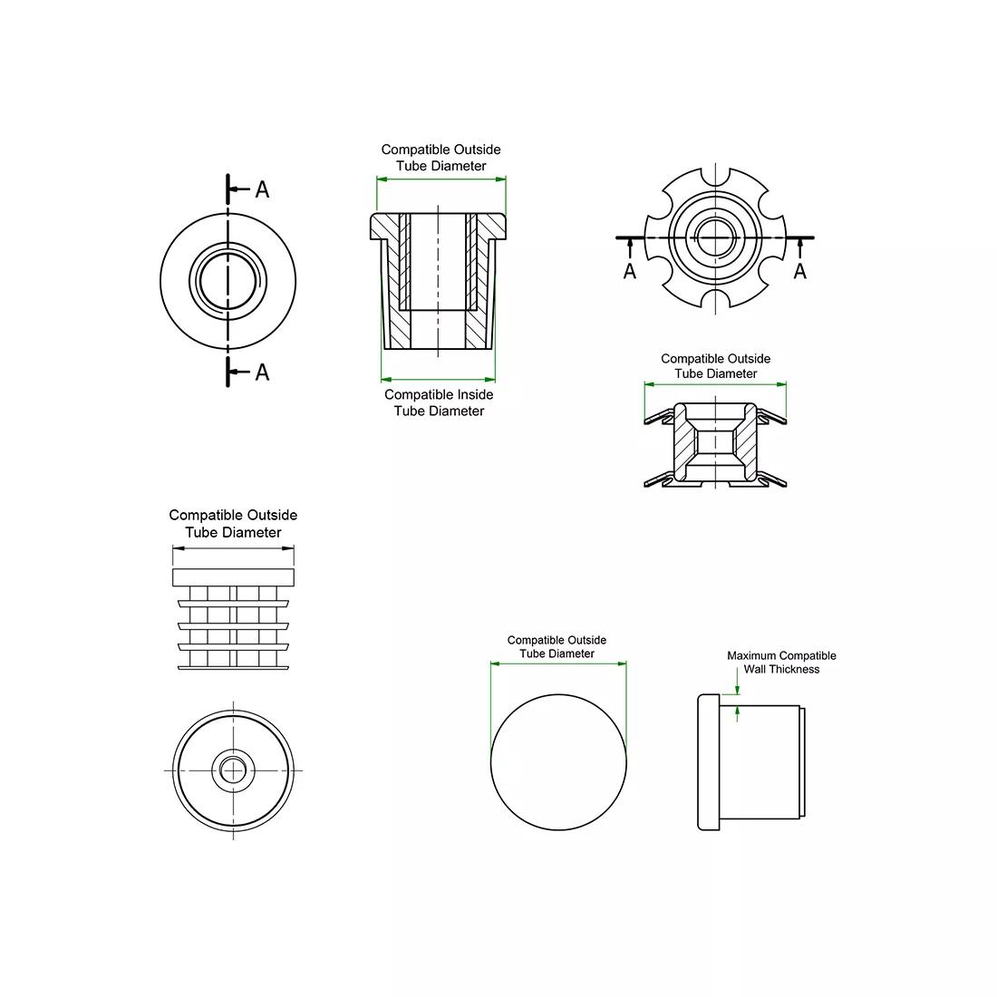 Threaded Round Tube Inserts - Line Drawing
