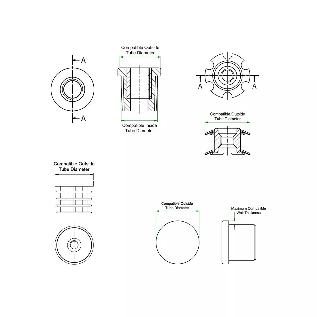 Round Threaded Tube Inserts - M8 Thread (Set of 4 Inserts)