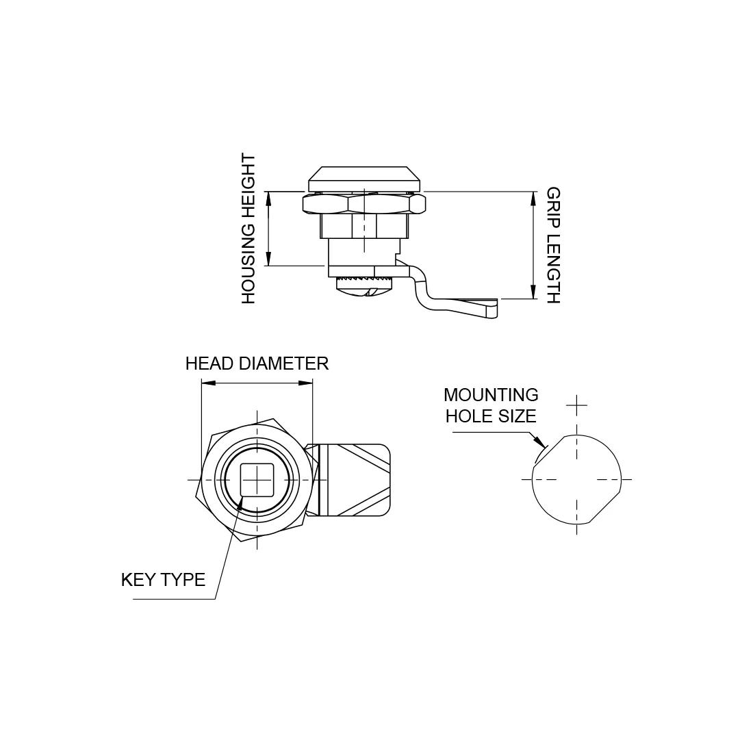 45 Degree Mounting Mini Cam Latch With Spring - Line Drawing