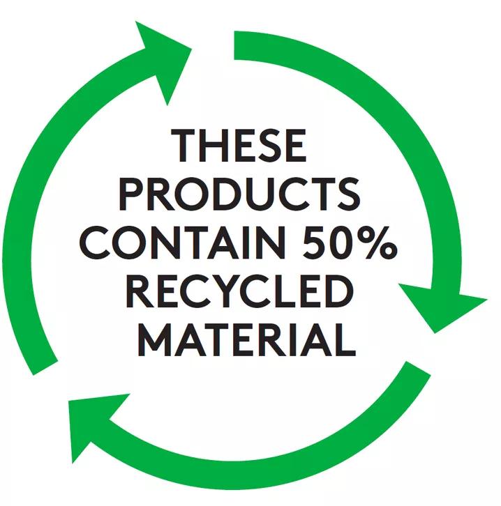 Produkty te zawierają 50% materiałów pochodzących z recyklingu
