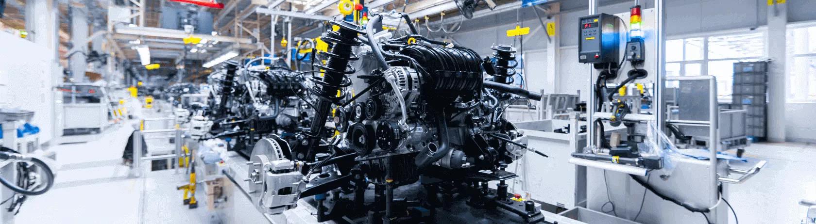 Robotic machinery in use on an automotive engine assembly line