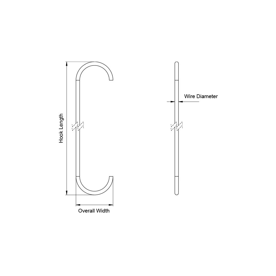 C Shaped Round Wire Hooks - Line Drawing