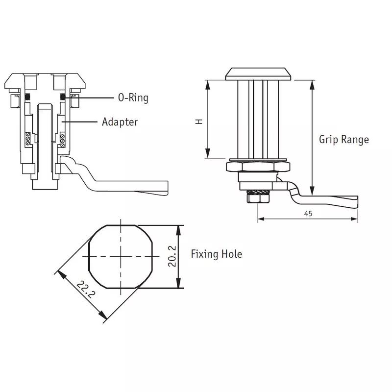 Thick Door Quarter Turn Latches - Line Drawing