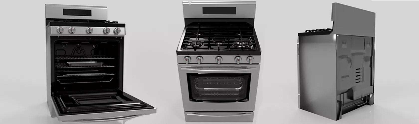 Front and back shots of ovens displaying industrial components that are used to build them