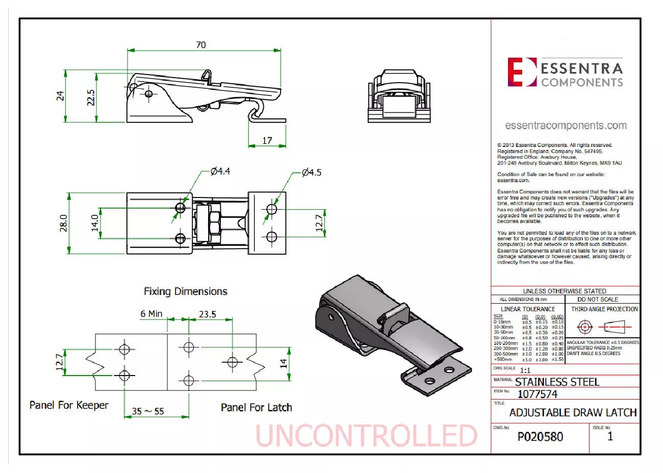 Technical drawing for Essentra’s adjustable draw latch 