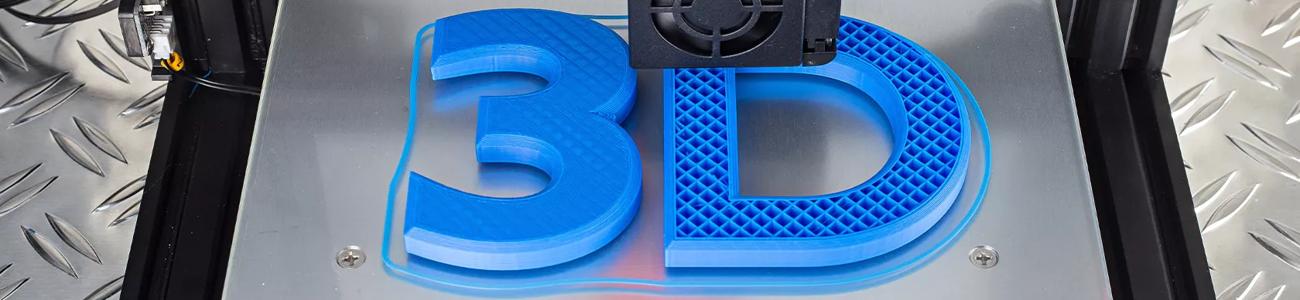 3D printer printing blue logo that reads “3D”