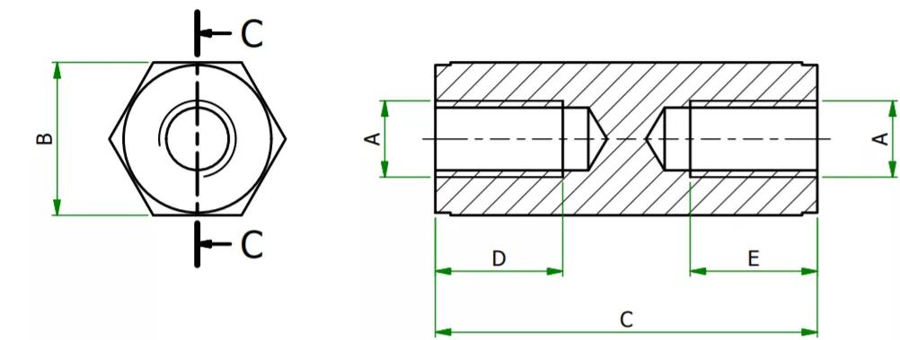 Technische Zeichnung Sechskant-Abstandhalter