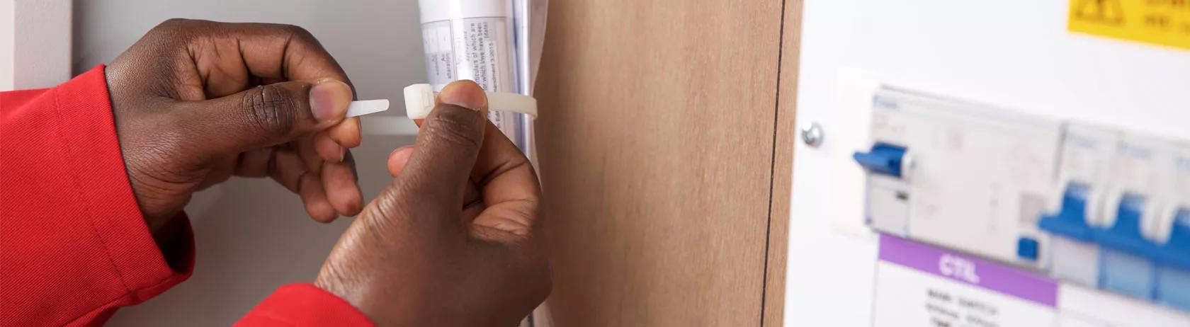 Man affixing cable ties inside an electrical cabinet