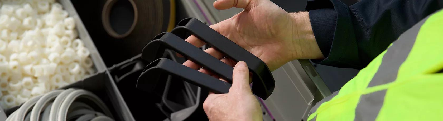 Man inspecting some industrial door pull handles