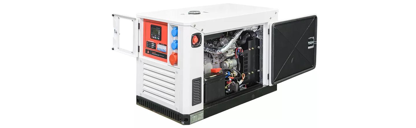 a generator with the door open exposing internal parts