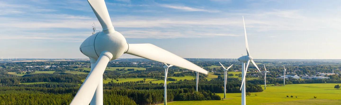 A line of wind turbines in a field in the countryside with wide open skies